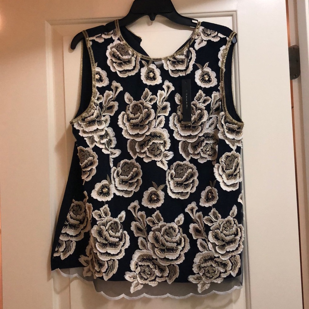 Tahari navy Natalie Blouse with gold